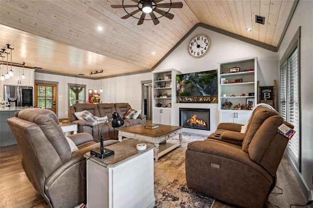 living room featuring lofted ceiling, light hardwood / wood-style flooring, ceiling fan, and wooden ceiling