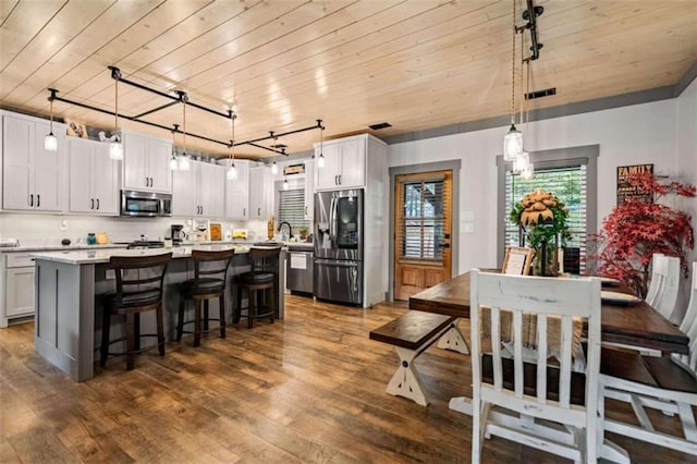 kitchen featuring track lighting, a kitchen island, dark hardwood / wood-style flooring, stainless steel appliances, and decorative light fixtures