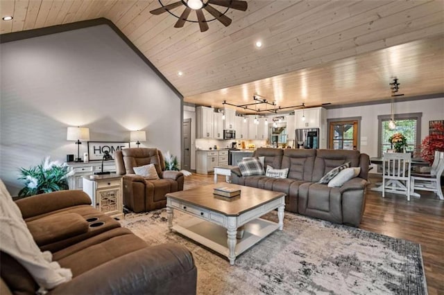 living room featuring hardwood / wood-style flooring, high vaulted ceiling, wooden ceiling, and ceiling fan