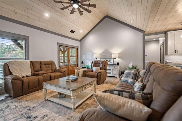 living room with a wealth of natural light, vaulted ceiling, and wooden ceiling