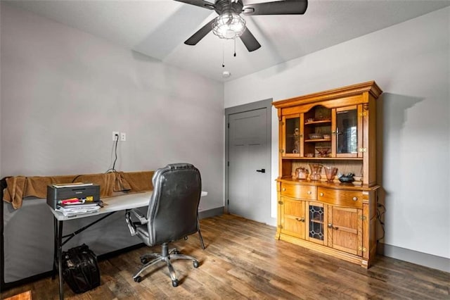 office area with ceiling fan and hardwood / wood-style floors