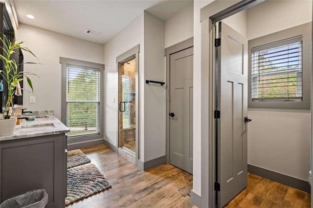 bathroom featuring vanity, walk in shower, wood-type flooring, and a wealth of natural light