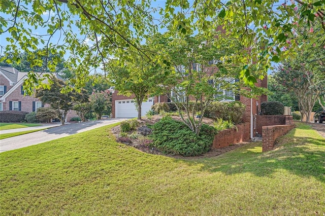 obstructed view of property with a garage and a front lawn