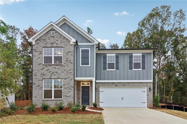 craftsman inspired home with board and batten siding, concrete driveway, brick siding, and an attached garage