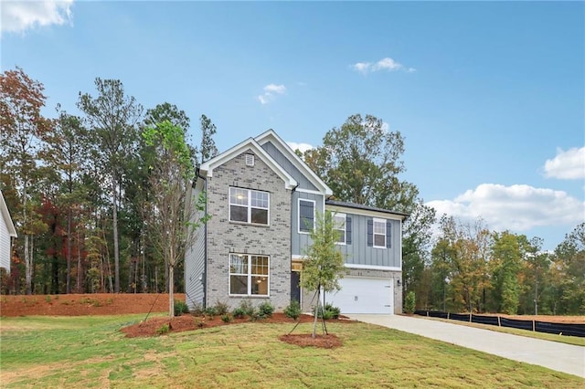 view of front of home featuring brick siding, an attached garage, board and batten siding, driveway, and a front lawn