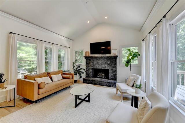 7920 Tintern Trce, Duluth, GA 30097 - living room featuring healthy amount of natural light, wood finished floors, a stone fireplace, recessed lighting, and high vaulted ceiling