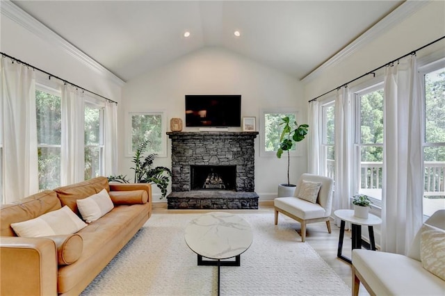 7920 Tintern Trce, Duluth, GA 30097 - living room featuring lofted ceiling, wood finished floors, a fireplace, recessed lighting, and baseboards