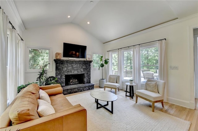 7920 Tintern Trce, Duluth, GA 30097 - living room featuring light wood finished floors, a stone fireplace, baseboards, and high vaulted ceiling
