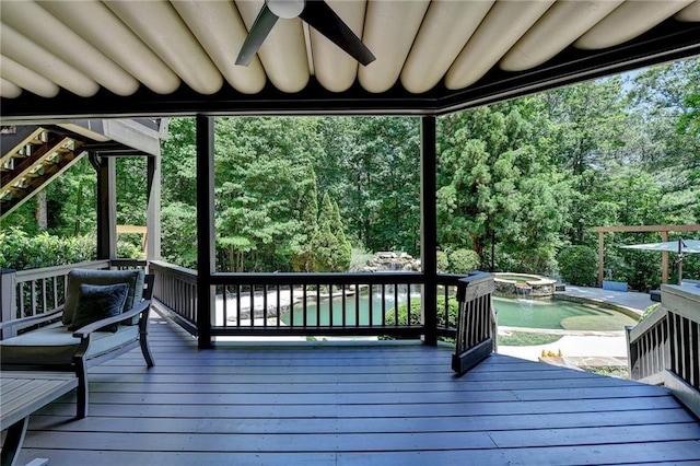 7920 Tintern Trce, Duluth, GA 30097 - wooden deck featuring an in-ground hot tub, ceiling fan, and an outdoor pool