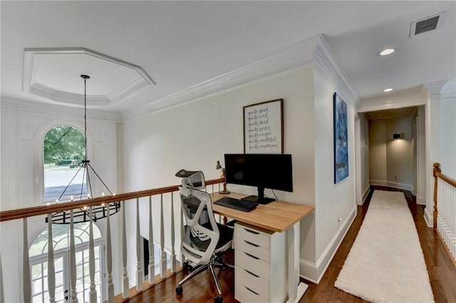 7920 Tintern Trce, Duluth, GA 30097 - office featuring ornamental molding, dark wood-type flooring, recessed lighting, baseboards, and a tray ceiling
