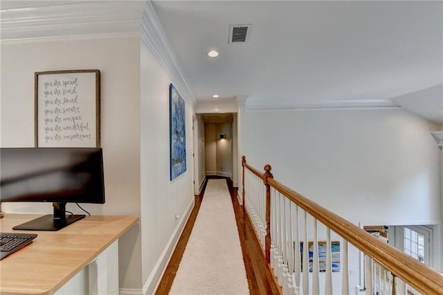 7920 Tintern Trce, Duluth, GA 30097 - corridor featuring ornamental molding, baseboards, a desk, wood finished floors, and recessed lighting