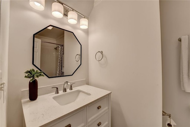 7920 Tintern Trce, Duluth, GA 30097 - full bath featuring vanity, ornamental molding, and a shower with shower curtain