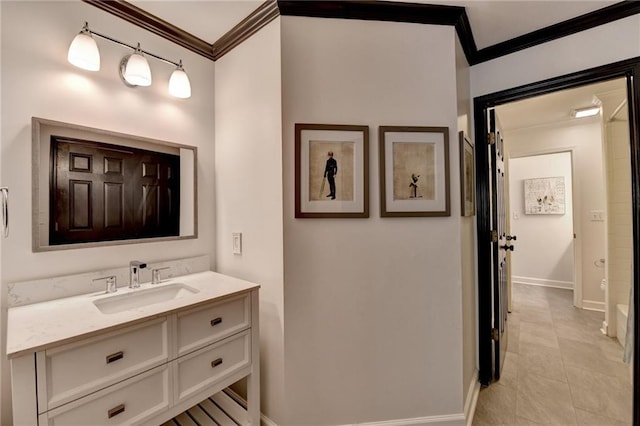 7920 Tintern Trce, Duluth, GA 30097 - bathroom with ornamental molding, vanity, baseboards, and tile patterned floors