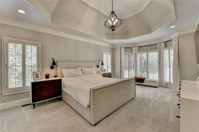 7920 Tintern Trce, Duluth, GA 30097 - bedroom with light colored carpet, a chandelier, a tray ceiling, ornamental molding, and recessed lighting
