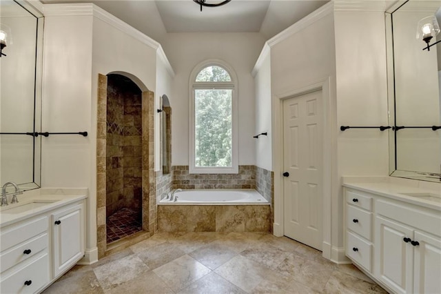 7920 Tintern Trce, Duluth, GA 30097 - bathroom with two vanities, a bath, and tiled shower