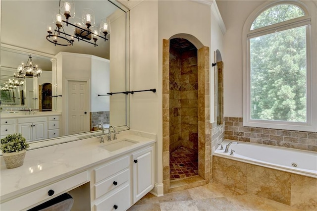 7920 Tintern Trce, Duluth, GA 30097 - bathroom featuring a bath, a chandelier, vanity, a tile shower, and crown molding