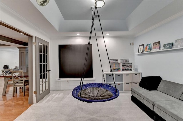 7920 Tintern Trce, Duluth, GA 30097 - sitting room featuring a tray ceiling, recessed lighting, and wood finished floors
