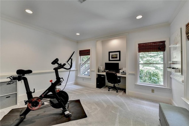 7920 Tintern Trce, Duluth, GA 30097 - workout room with ornamental molding, plenty of natural light, baseboards, light colored carpet, and recessed lighting