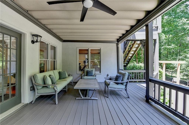 7920 Tintern Trce, Duluth, GA 30097 - wooden deck with stairs, an outdoor hangout area, and a ceiling fan