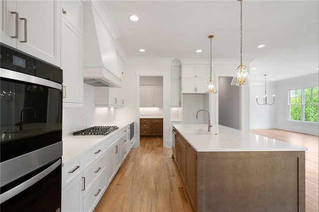 326 Reese Way, Ball Ground, GA 30107 - kitchen featuring appliances with stainless steel finishes, a sink, custom range hood, light wood-style flooring, and recessed lighting