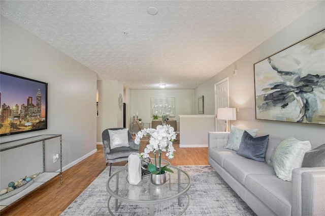 living room featuring a textured ceiling and light hardwood / wood-style flooring