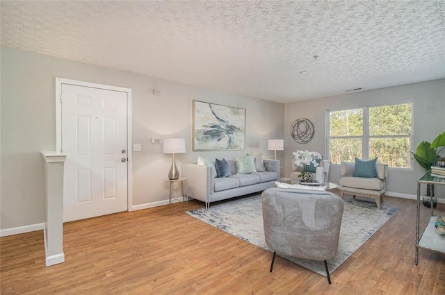 living room with a textured ceiling and light hardwood / wood-style flooring