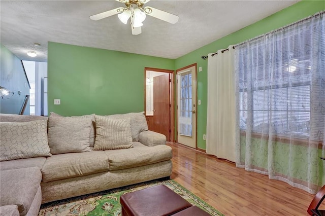 living room with wood-type flooring and ceiling fan