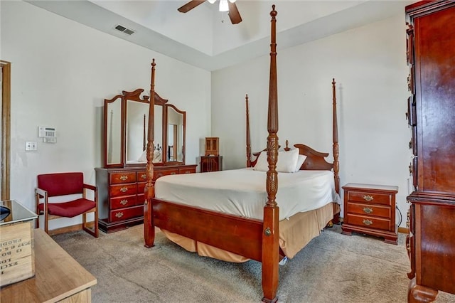 bedroom featuring light colored carpet and ceiling fan