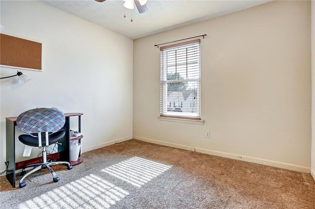 office space featuring ceiling fan and carpet flooring