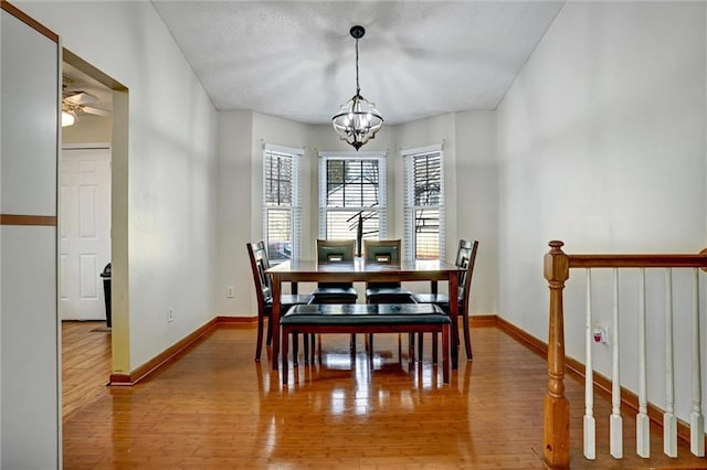 dining room with ceiling fan with notable chandelier and light hardwood / wood-style floors