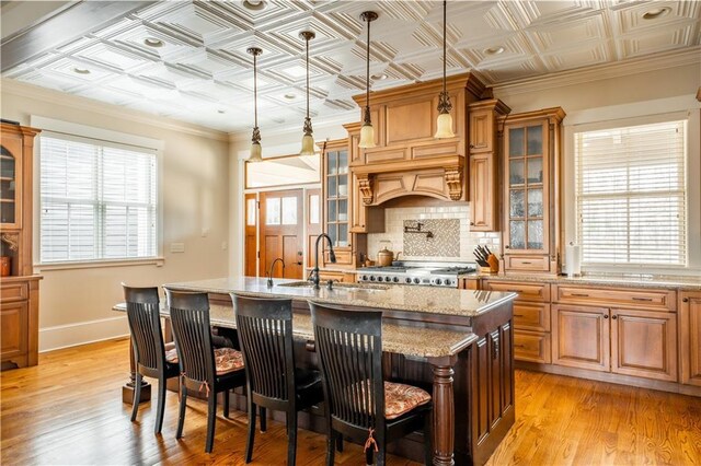 kitchen with pendant lighting, a kitchen breakfast bar, light stone countertops, light hardwood / wood-style floors, and a center island with sink