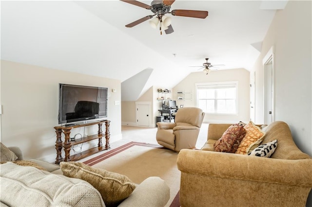 living room featuring ceiling fan, lofted ceiling, and light carpet