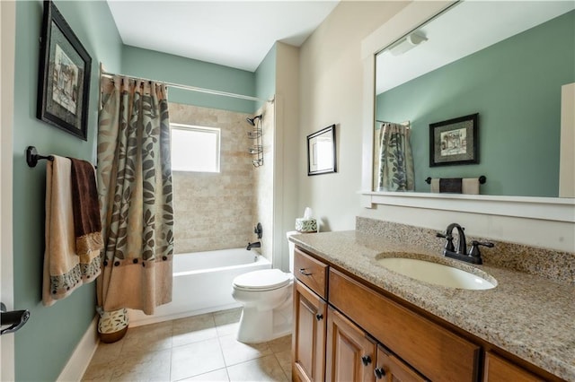 full bathroom featuring vanity, tile patterned floors, shower / bath combination with curtain, and toilet