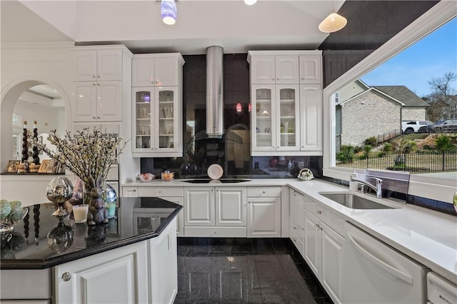 kitchen with dishwasher, pendant lighting, backsplash, and white cabinets