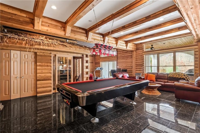 game room with beamed ceiling, billiards, and log walls