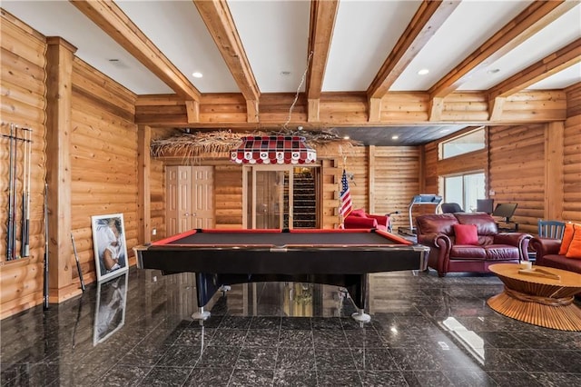 playroom featuring beam ceiling and pool table