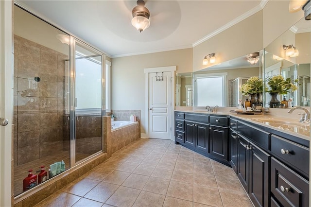 bathroom with a shower stall, a bath, a sink, and crown molding