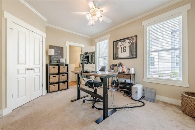 office featuring light carpet, crown molding, and a healthy amount of sunlight