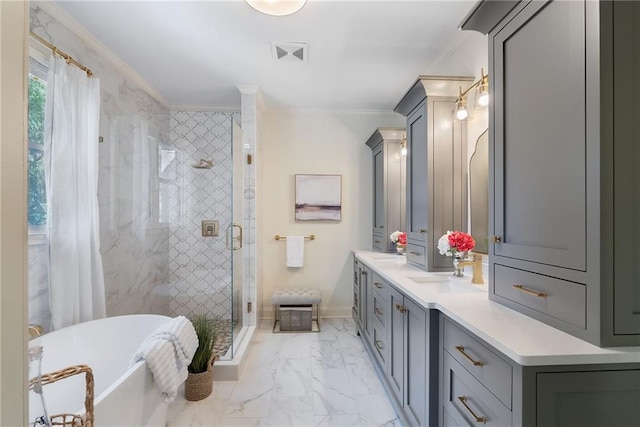 bathroom with separate shower and tub, crown molding, and vanity