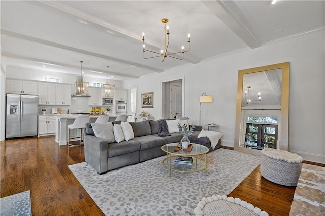 living room with dark wood-type flooring, french doors, ornamental molding, beamed ceiling, and a notable chandelier