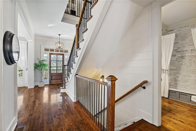 foyer entrance featuring crown molding and dark wood-type flooring