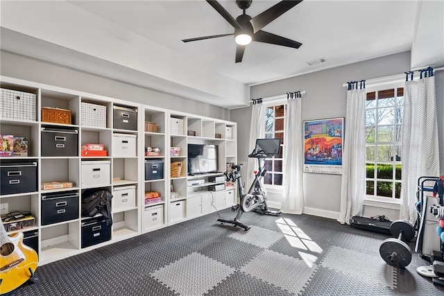 exercise area featuring ceiling fan