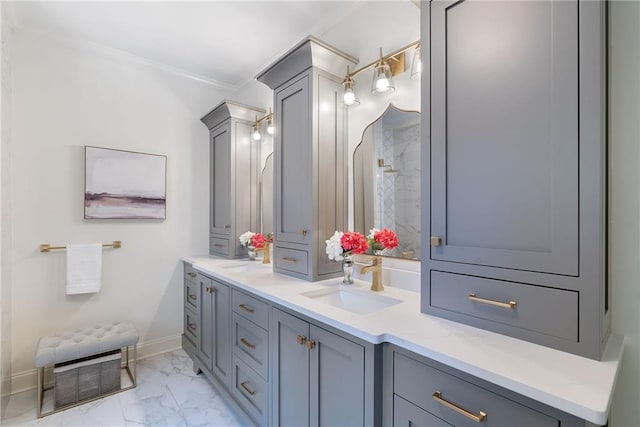 bathroom with vanity, ornamental molding, and walk in shower