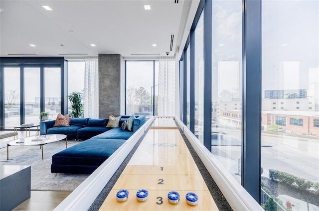 recreation room with floor to ceiling windows