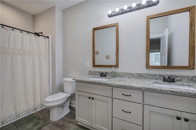 46 Courtyard Ln, Cartersville, GA 30120 - full bathroom featuring double vanity, wood finished floors, and a shower with shower curtain