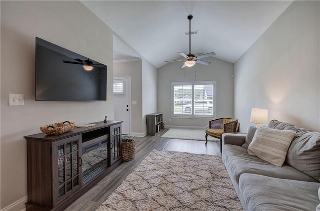 46 Courtyard Ln, Cartersville, GA 30120 - living room featuring ceiling fan, wood finished floors, and lofted ceiling