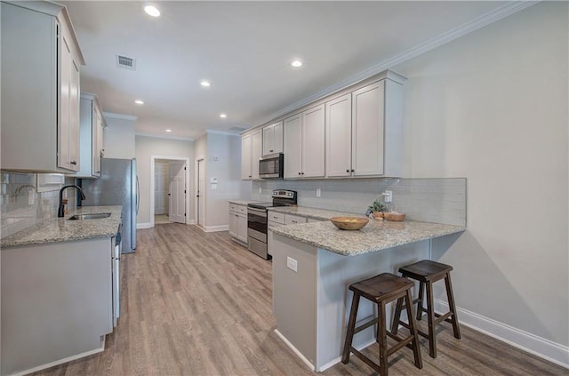 46 Courtyard Ln, Cartersville, GA 30120 - kitchen with appliances with stainless steel finishes, ornamental molding, backsplash, light wood-type flooring, and light stone countertops