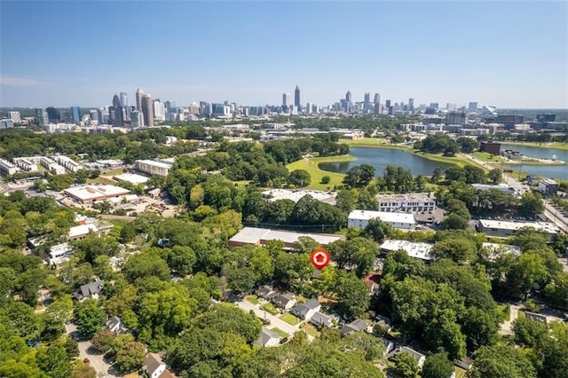 bird's eye view with a water view and a view of city