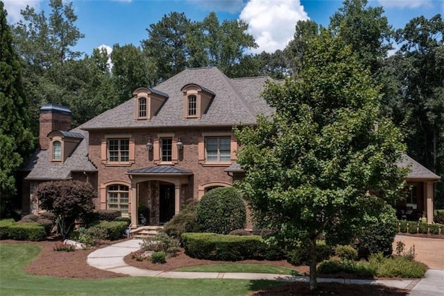 colonial inspired home featuring brick siding, a front lawn, and a chimney