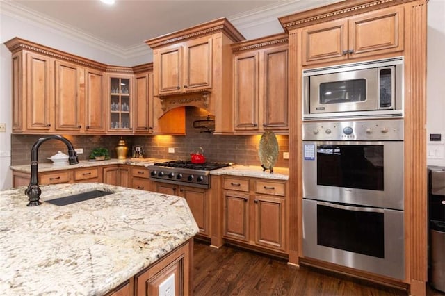 kitchen featuring stainless steel appliances, light stone counters, dark wood-style floors, a sink, and ornamental molding